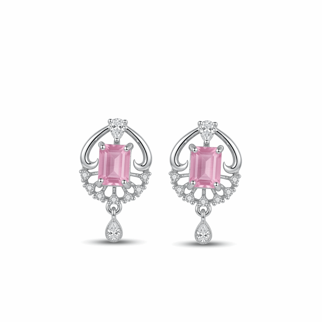Pair of earrings with pink gemstones and diamond accents on a white background