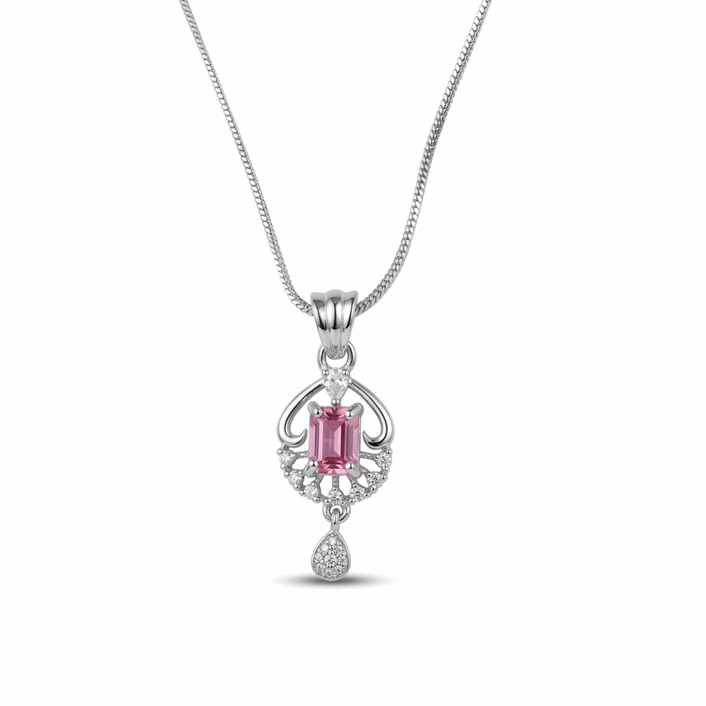 Silver pendant with a pink gemstone on a white background
