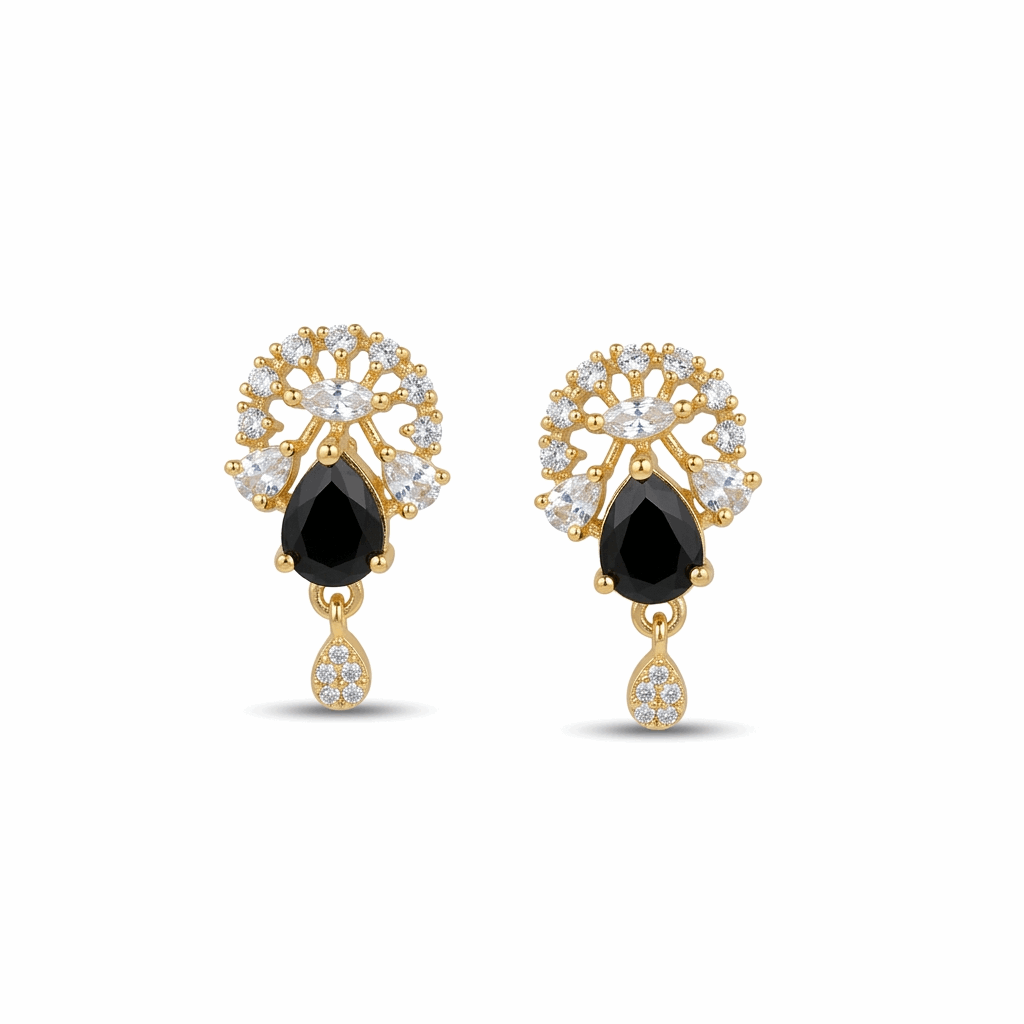 Gold earrings with black teardrop stones on a white background