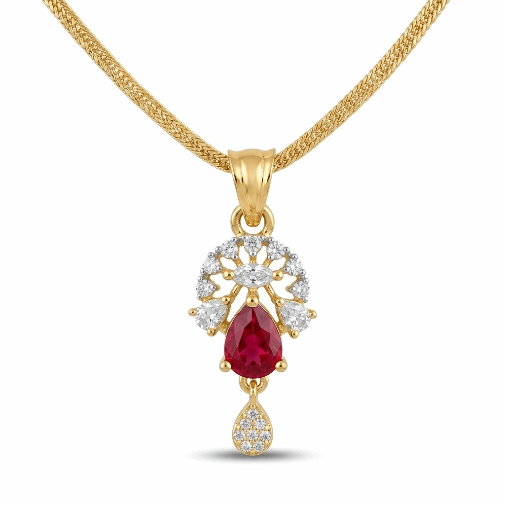 Gold pendant with a red gemstone and diamond accents on a white background