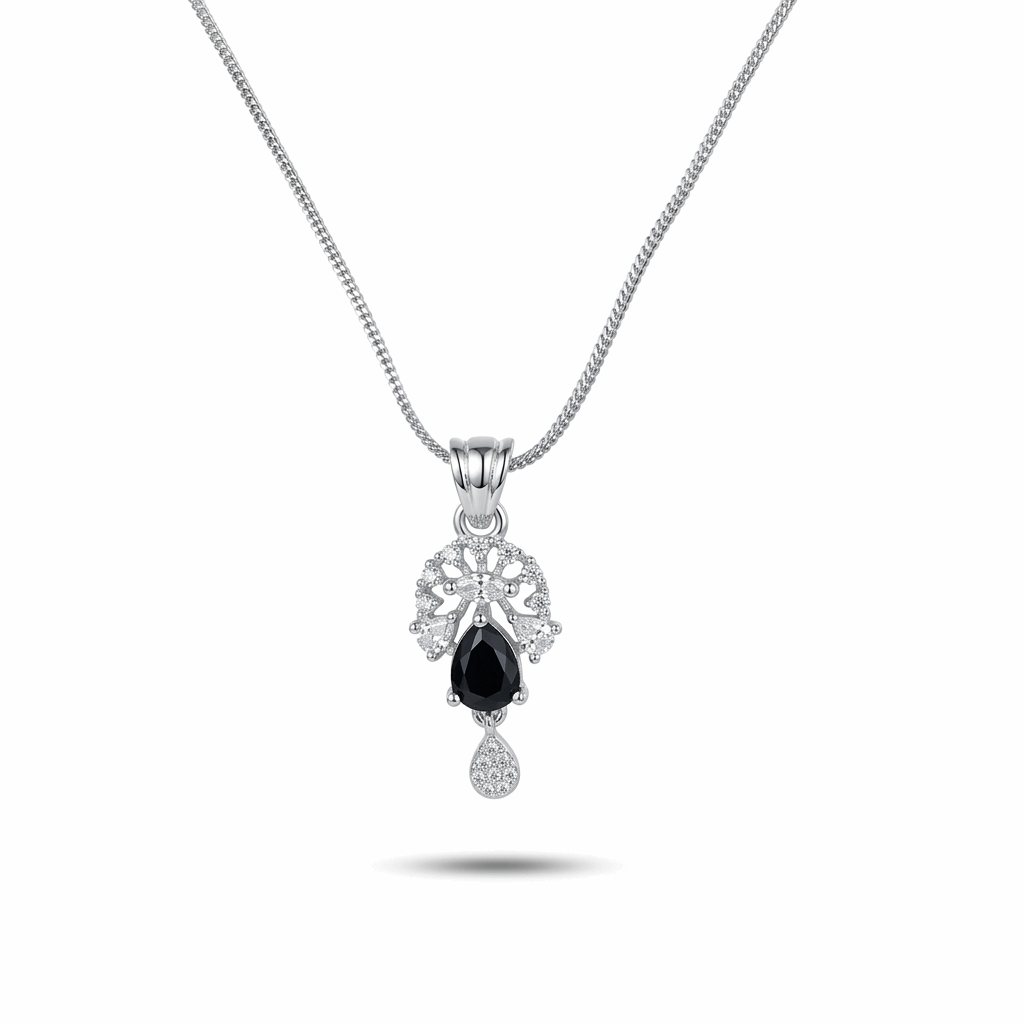 Silver necklace with a black teardrop pendant on a white background