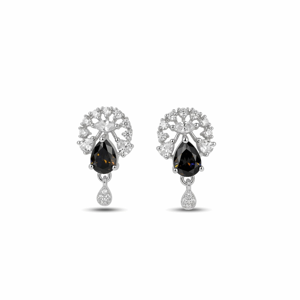 Pair of earrings with black gemstones and silver accents on a white background