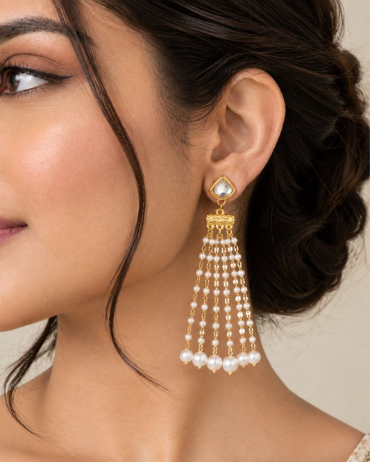 Heart Stud Pearl Chain Tassel Earrings