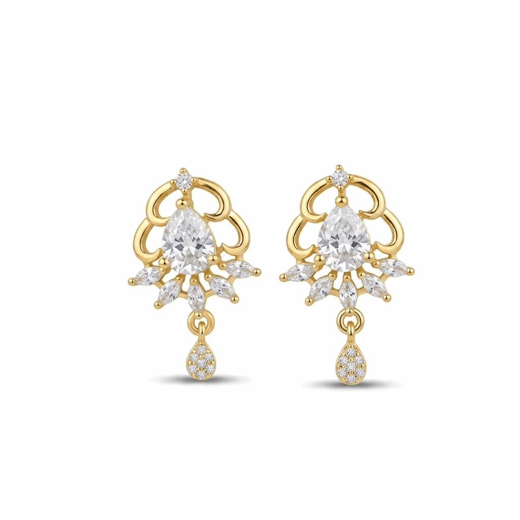 Gold earrings with clear gemstones on a white background