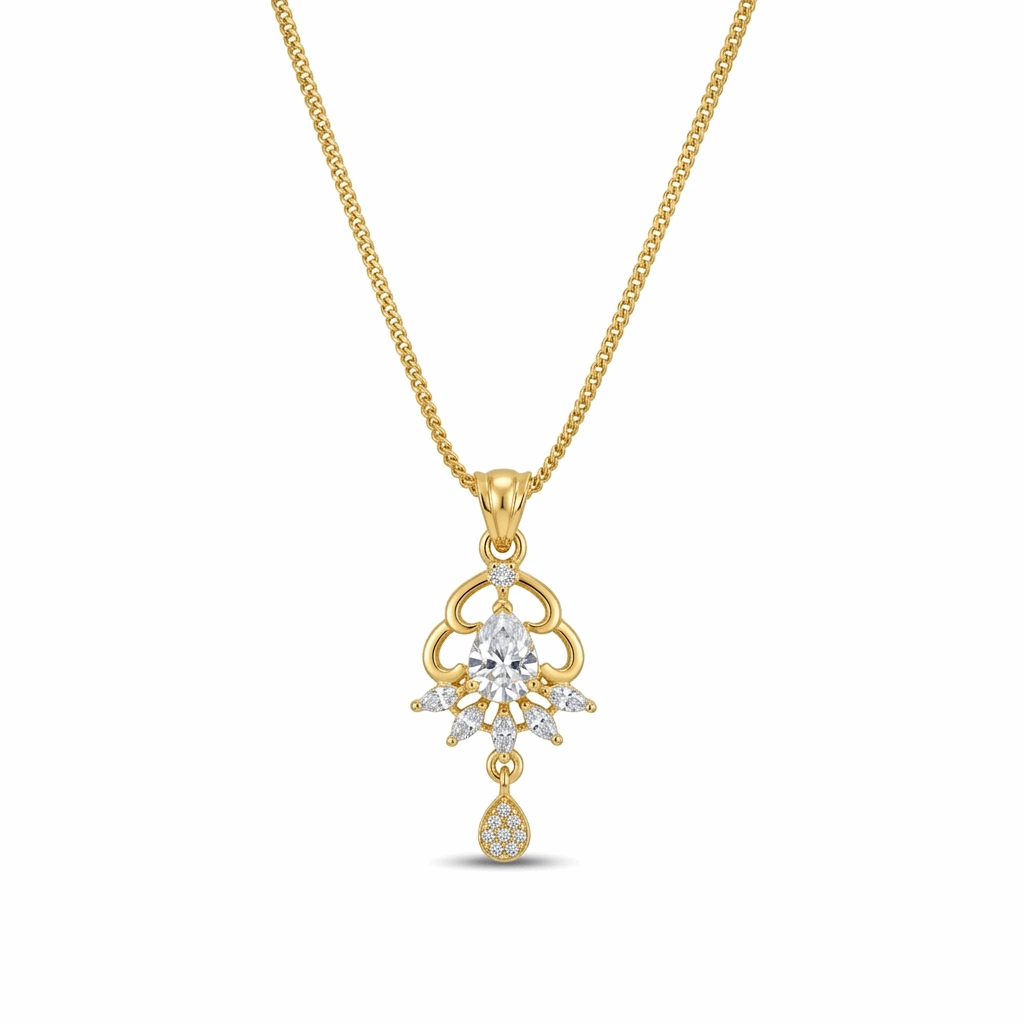 Gold necklace with a diamond pendant on a white background
