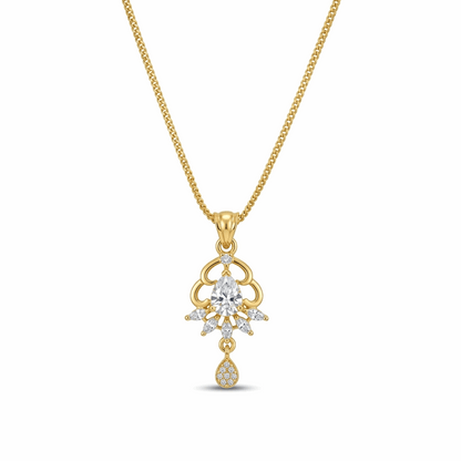 Gold necklace with a diamond pendant on a white background