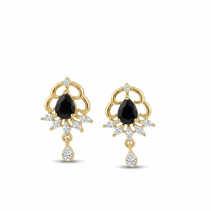 Gold earrings with black gemstones and clear stones on a white background
