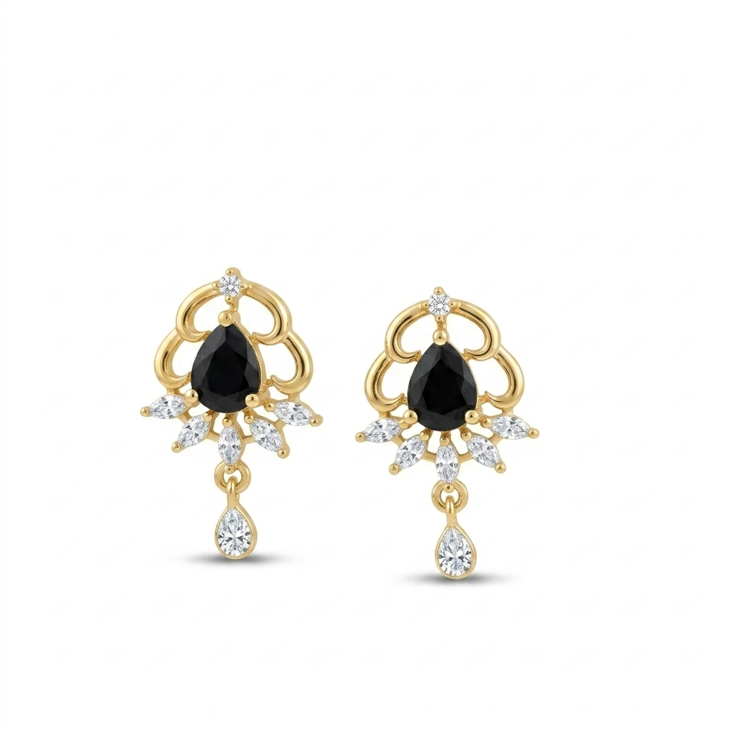 Gold earrings with black gemstones and clear stones on a white background