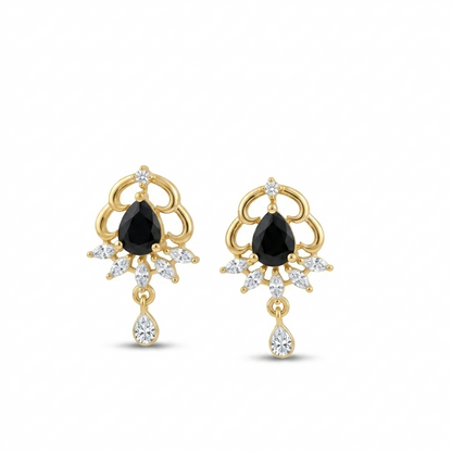 Gold earrings with black gemstones and clear stones on a white background