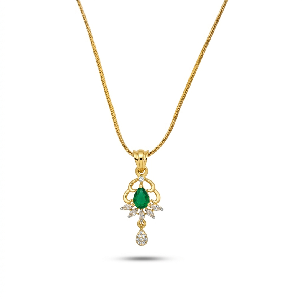 Gold necklace with a green gemstone pendant on a white background