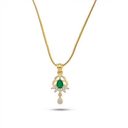Gold necklace with a green gemstone pendant on a white background