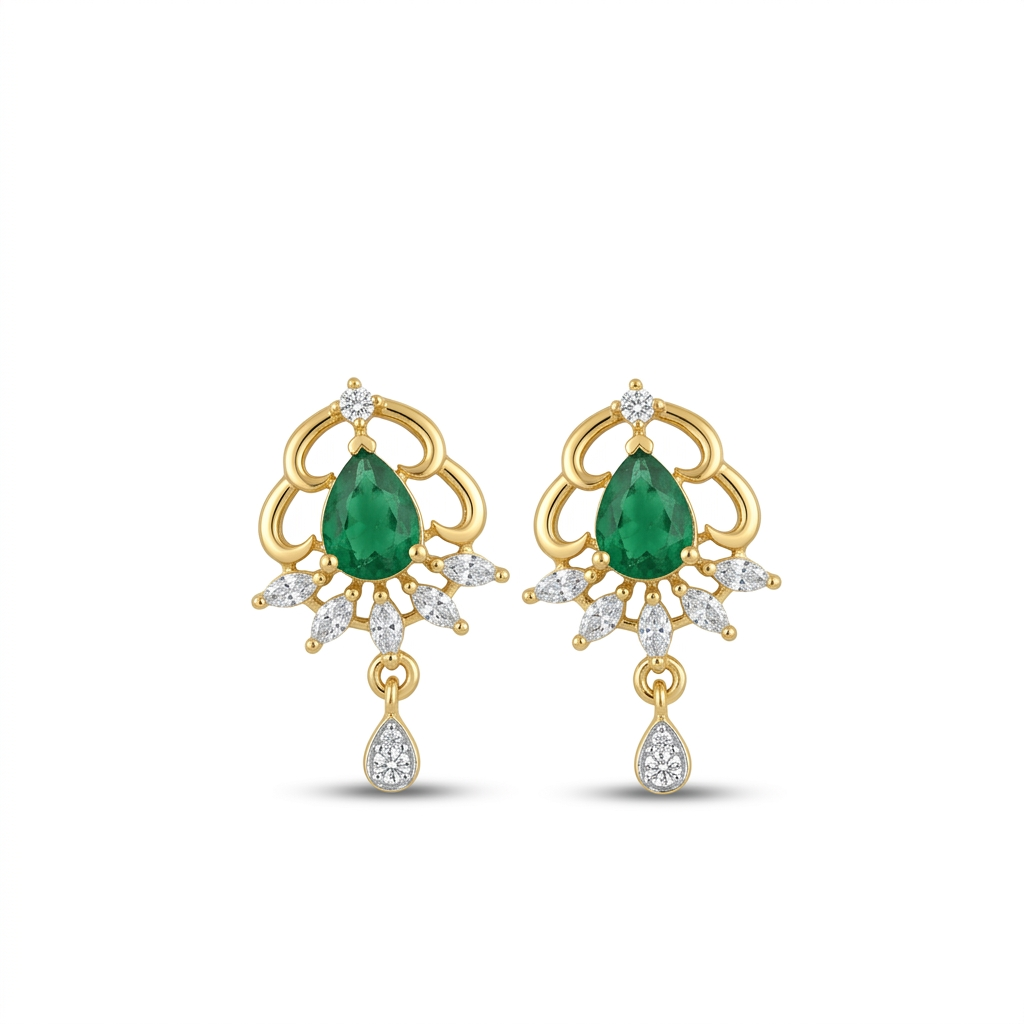 Gold earrings with emerald and diamond accents on a white background