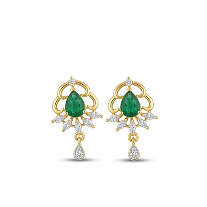 Gold earrings with emerald and diamond accents on a white background