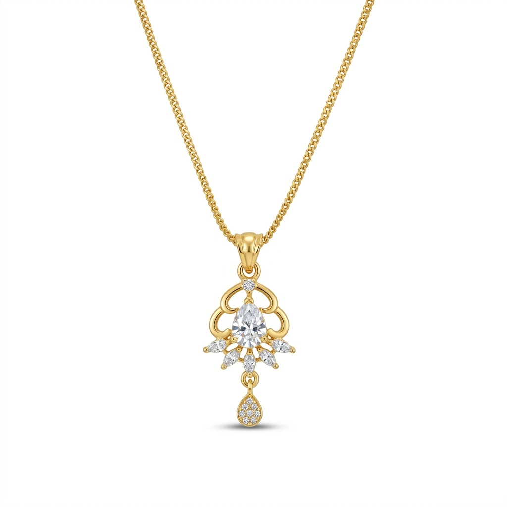Gold necklace with a diamond pendant on a white background