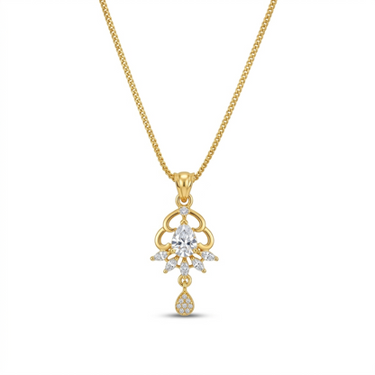 Gold necklace with a diamond pendant on a white background