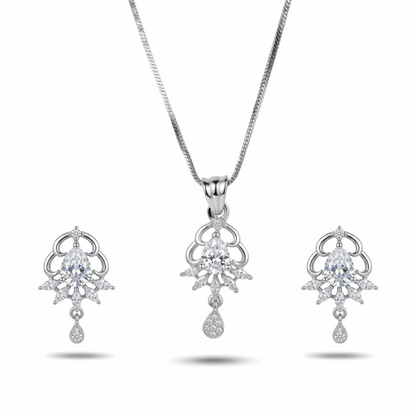 Silver jewelry set with necklace and earrings on a white background