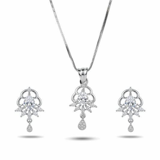 Silver jewelry set with necklace and earrings on a white background