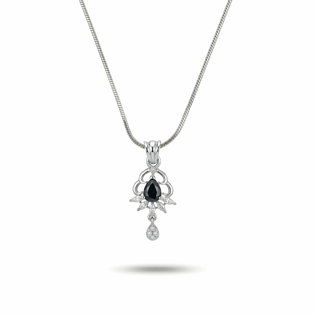 Silver necklace with a pendant featuring an black gemstone on a white background