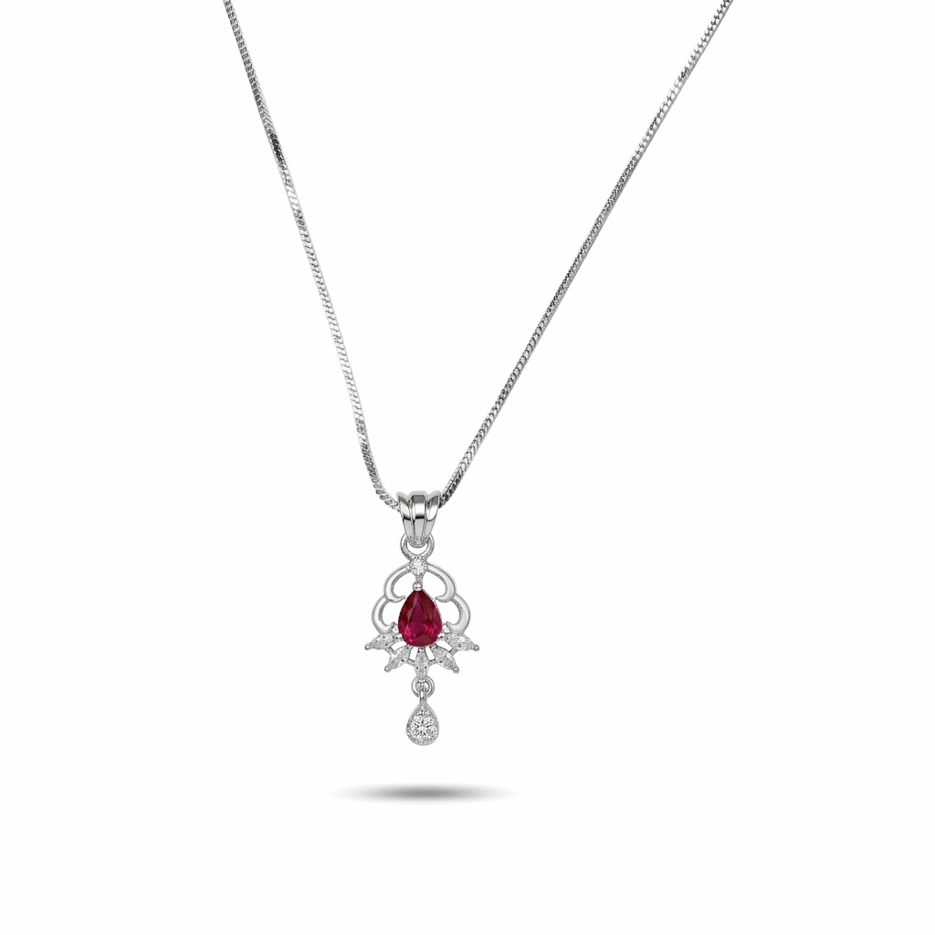 Silver necklace with a red gemstone pendant on a white background
