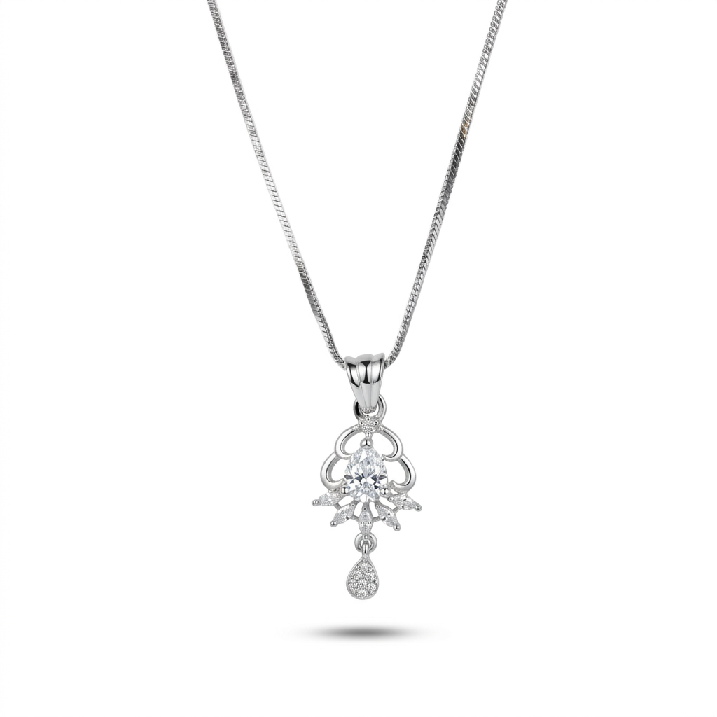 Silver necklace with a pendant on a white background