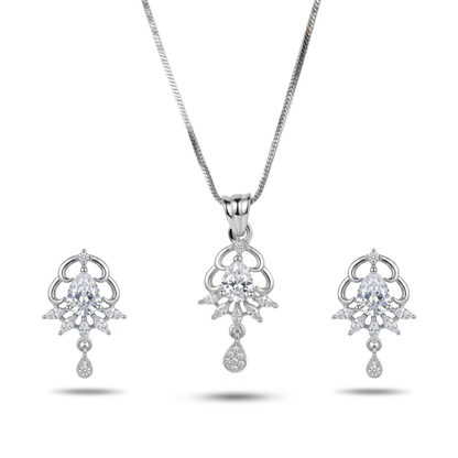 Silver jewelry set with necklace and earrings on a white background