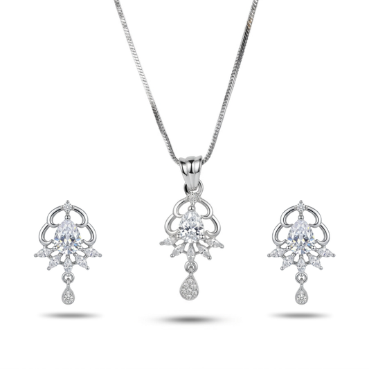 Silver jewelry set with necklace and earrings on a white background