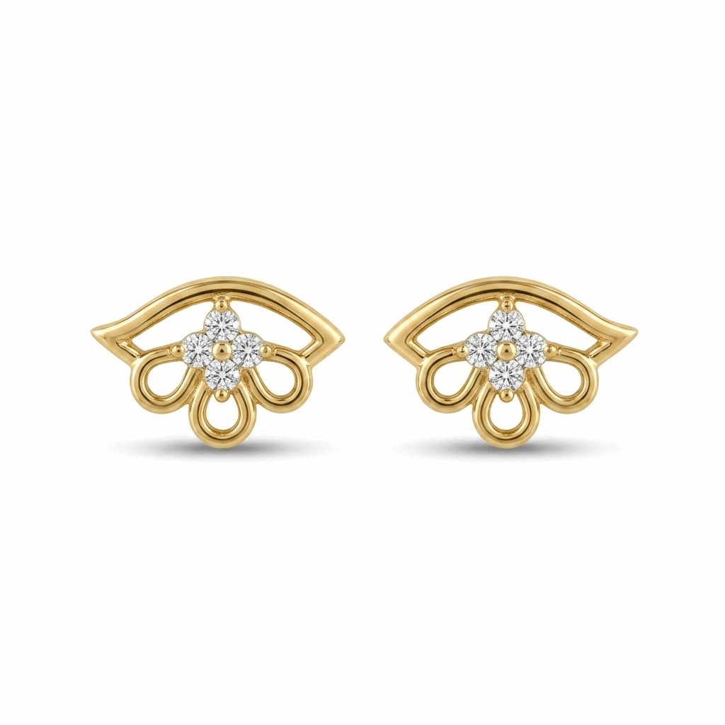 Gold earrings with diamond accents on a white background