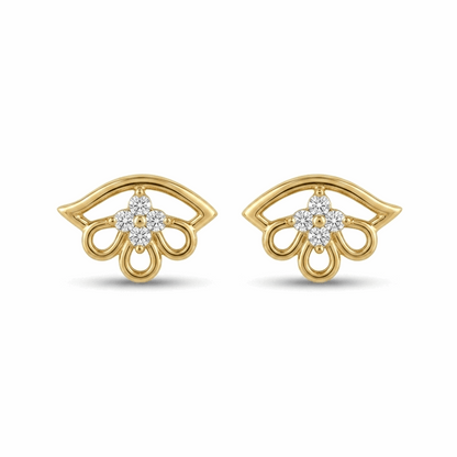 Gold earrings with diamond accents on a white background