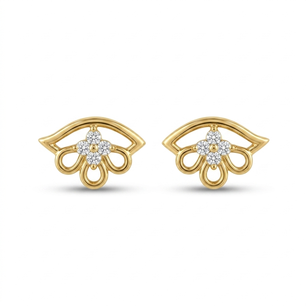 Gold earrings with diamond accents on a white background