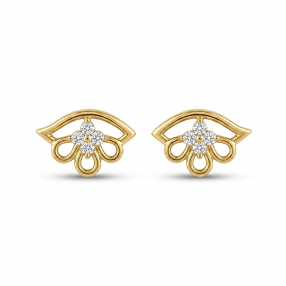 Gold earrings with diamond accents on a white background