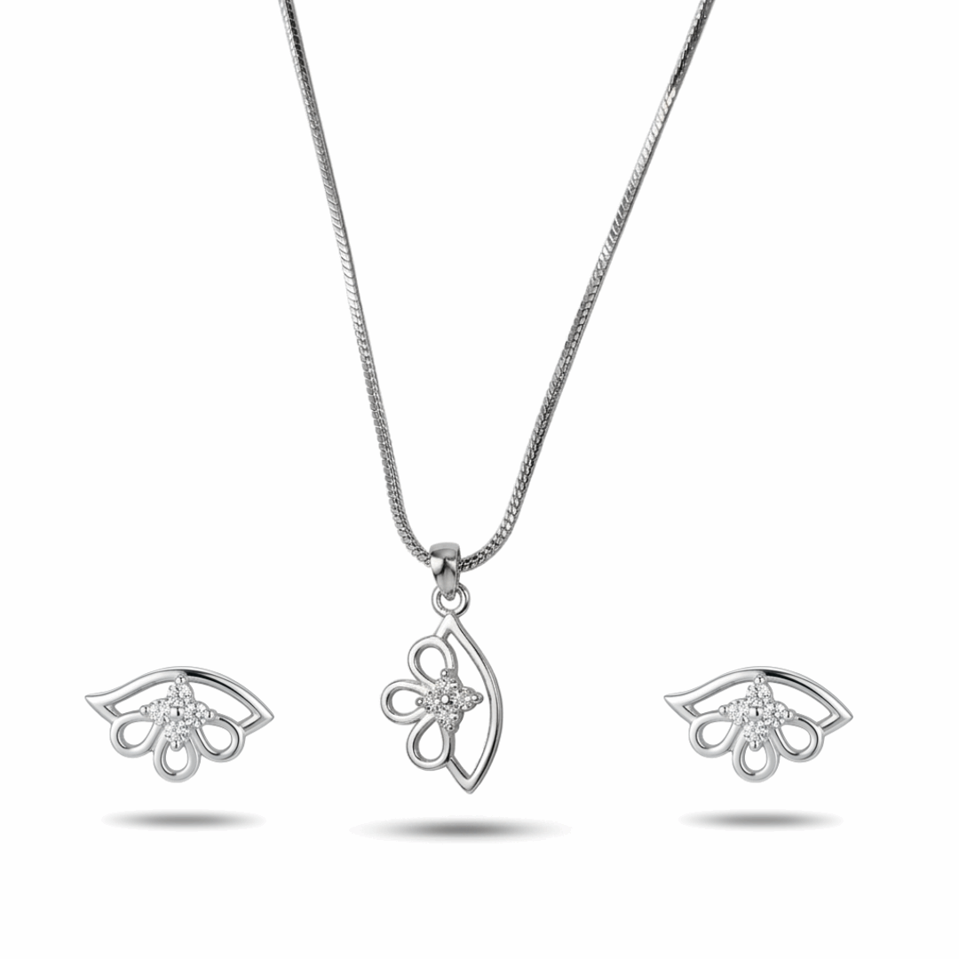 Silver jewelry set with necklace and earrings on a white background