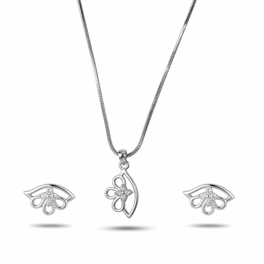 Silver jewelry set with necklace and earrings on a white background