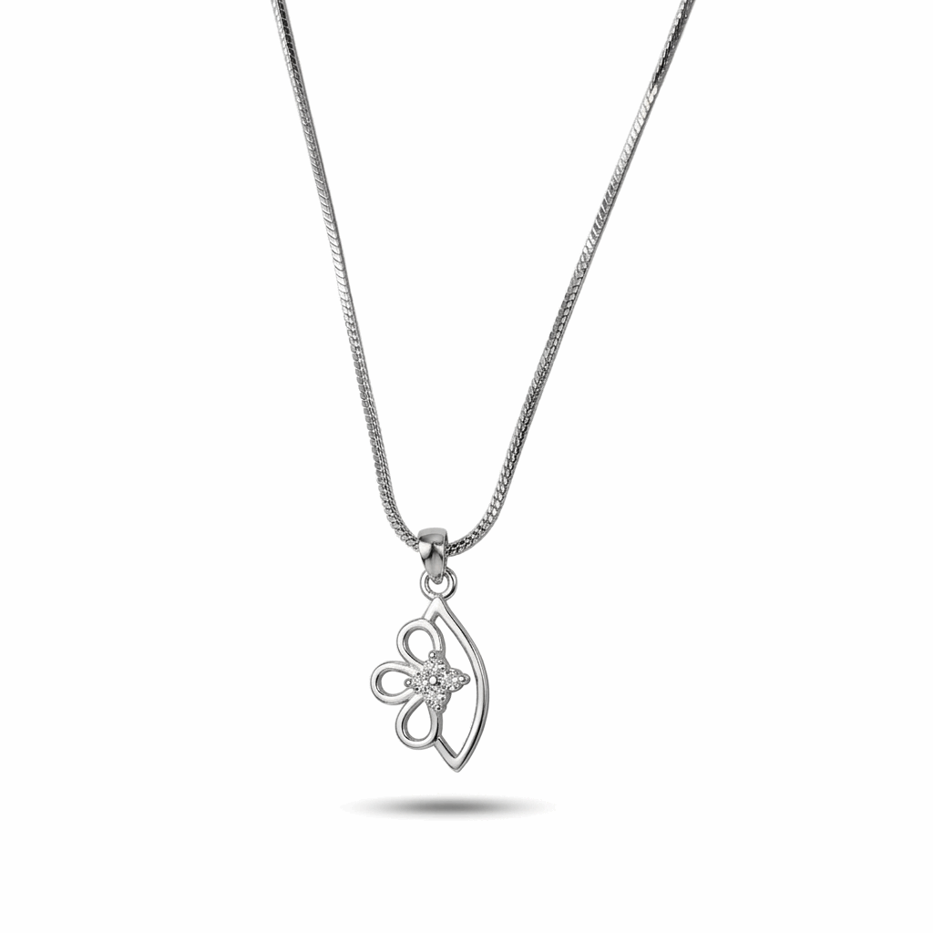 Silver necklace with a decorative pendant on a white background