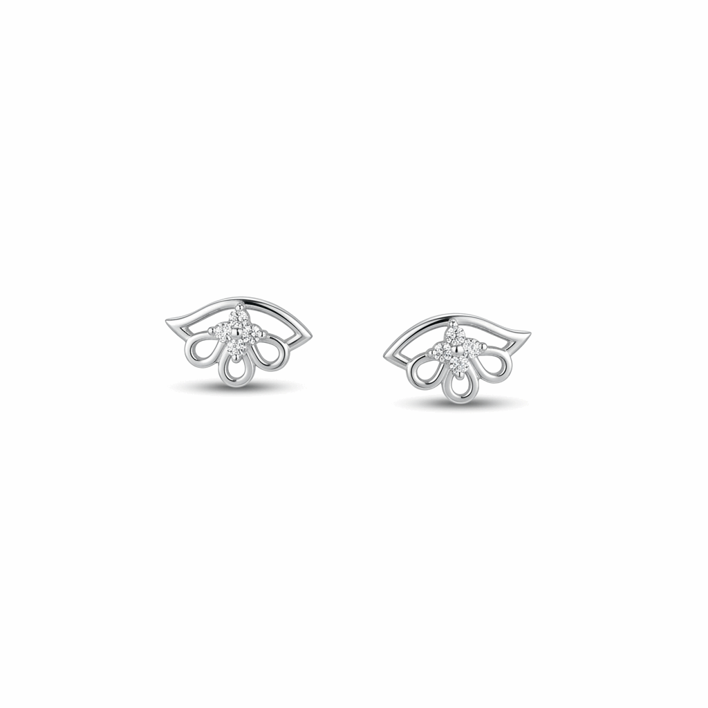 Pair of silver earrings with a diamond on a white background