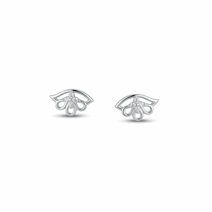 Pair of silver earrings with a diamond on a white background