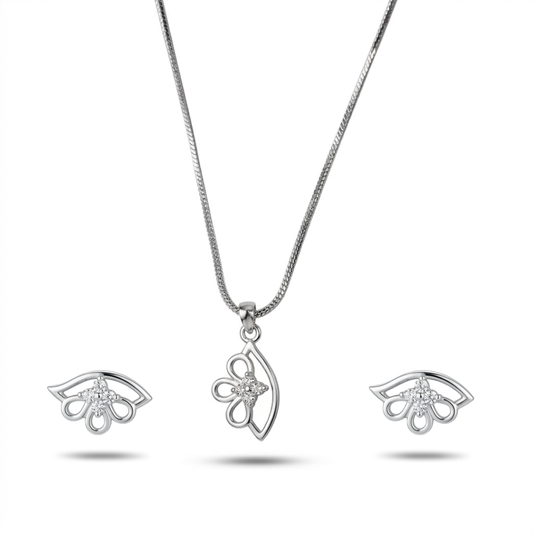 Silver jewelry set with necklace and earrings on a white background