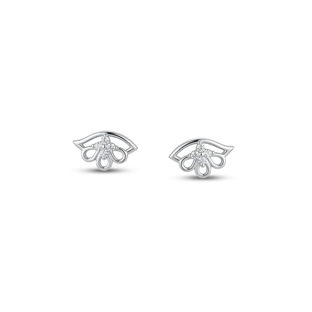 Pair of silver earrings with a diamond on a white background