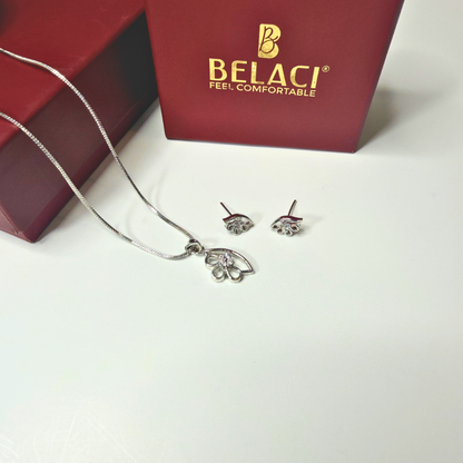 Silver necklace and earrings with BELACI jewelry box in the background