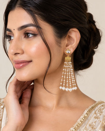 Heart Stud Pearl Chain Tassel Earrings