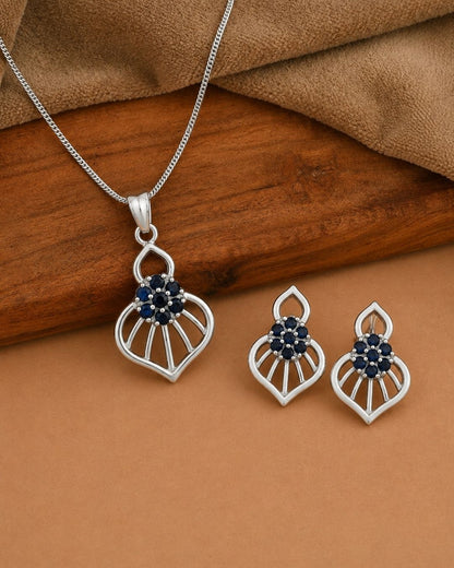 Blue Bloom Silver Finish AD Pendant Set