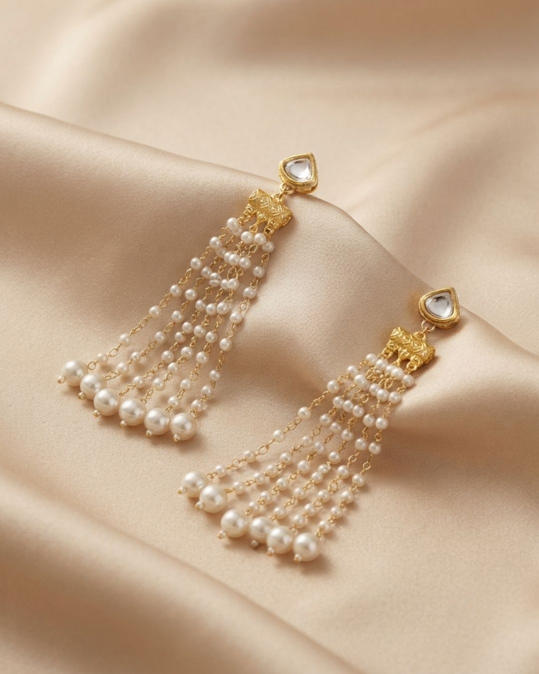 Heart Stud Pearl Chain Tassel Earrings
