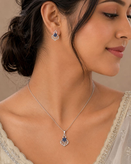 Blue Bloom Silver Finish AD Pendant Set