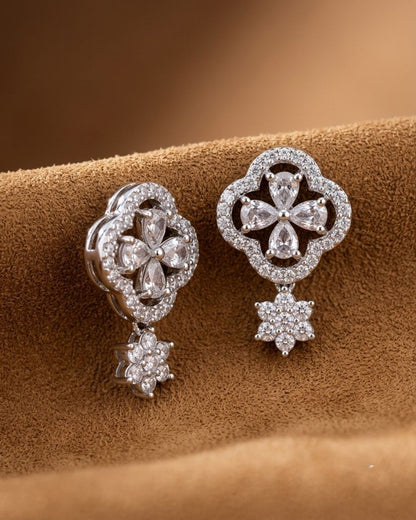 Silver Finish American Diamond Floral AD Stud Earrings for Women