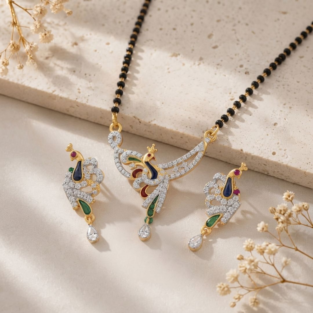 Designer Peacock American Diamond Black Beads Mangalsutra with Matching Earrings