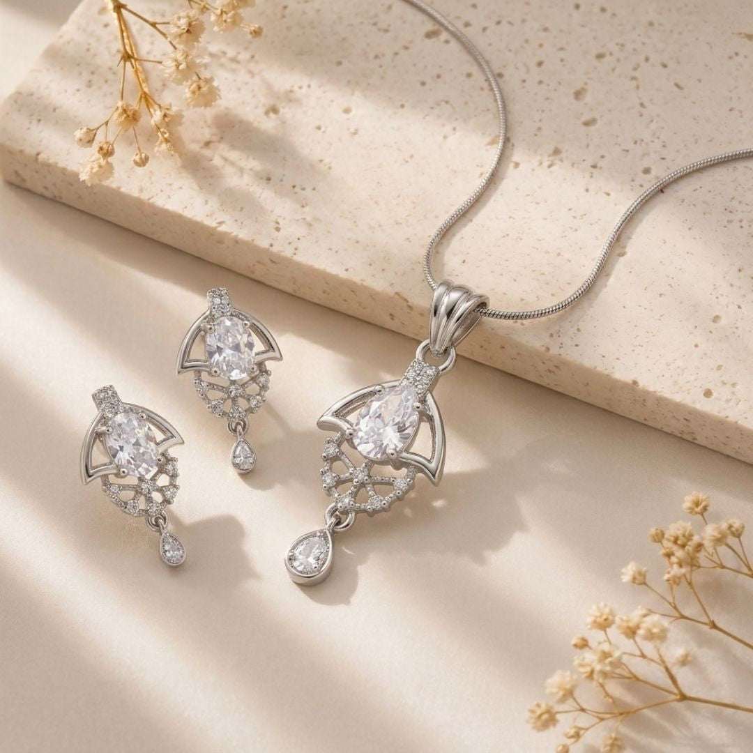 Oval Halo Silver Finish AD Pendant Set