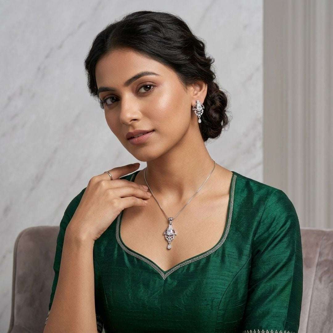 Oval Halo Silver Finish AD Pendant Set