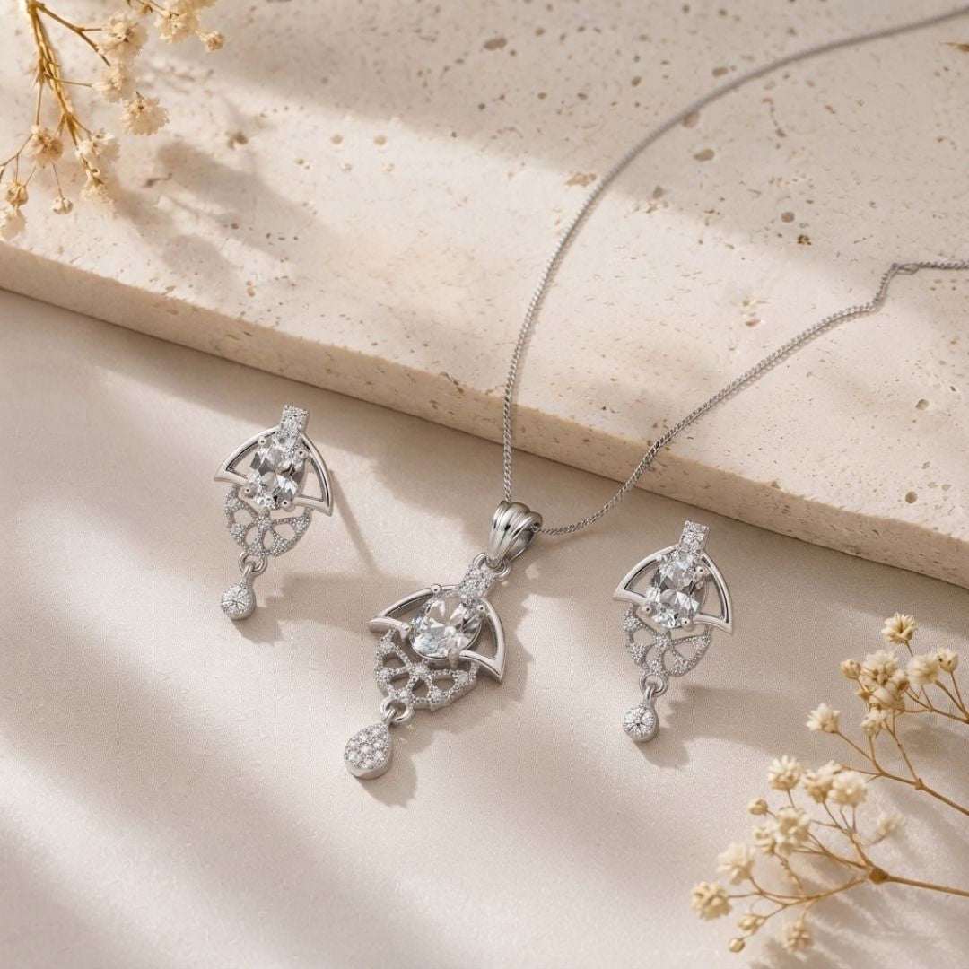 Oval Halo Silver Finish AD Pendant Set