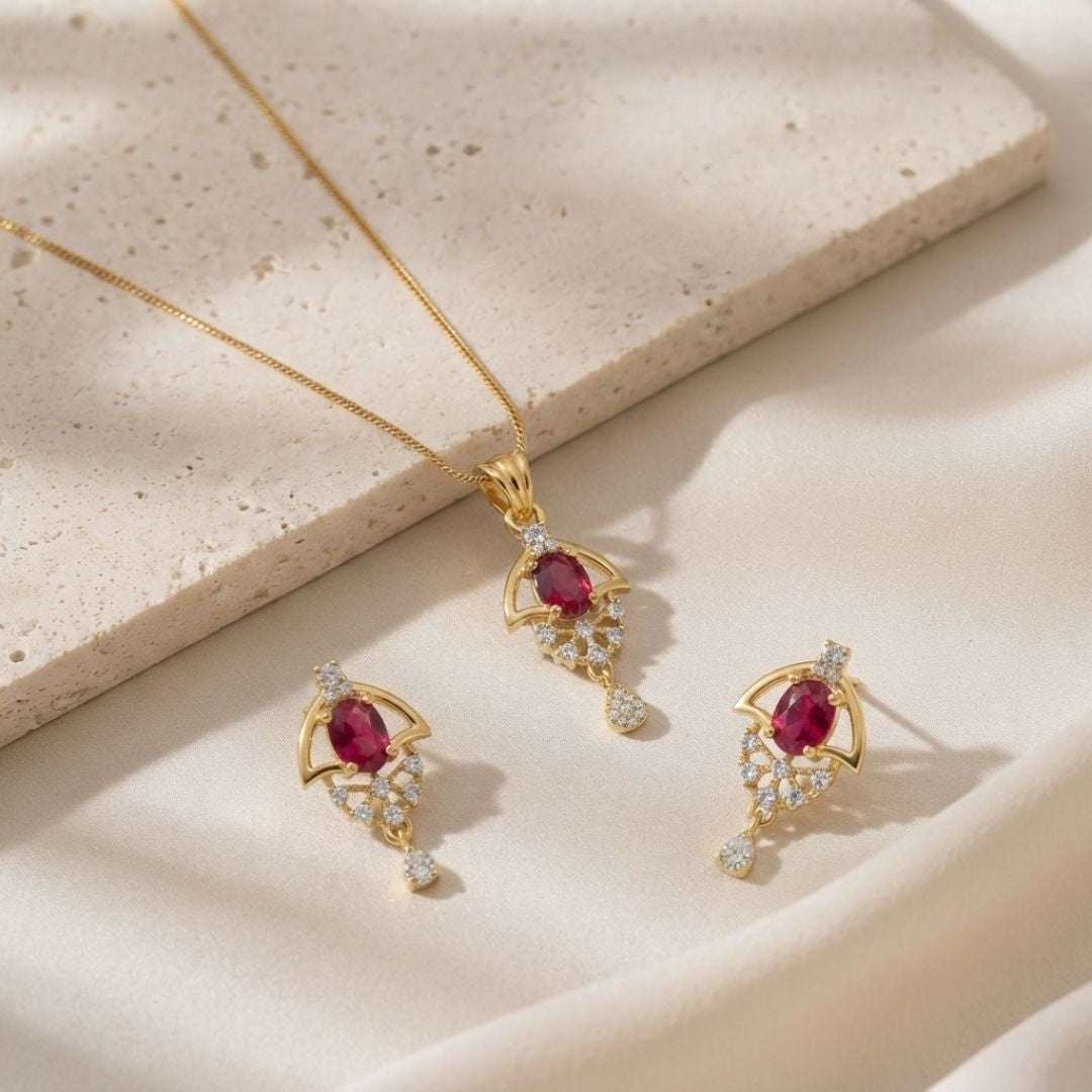 Red Halo Gold Finish Wedding Jewellery Pendant Set