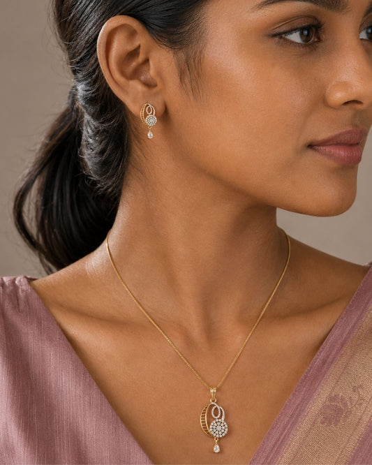 Crescent Spark Gold Finish American Diamond Pendant Set