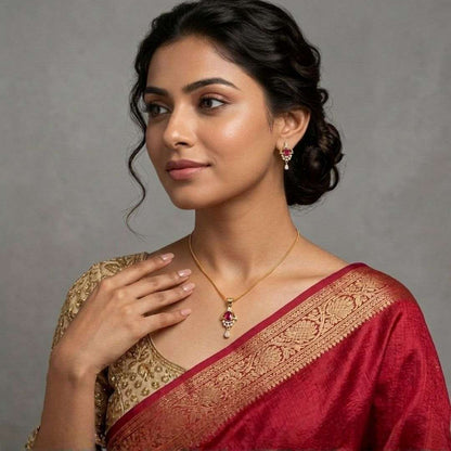 Red Halo Gold Finish Wedding Jewellery Pendant Set